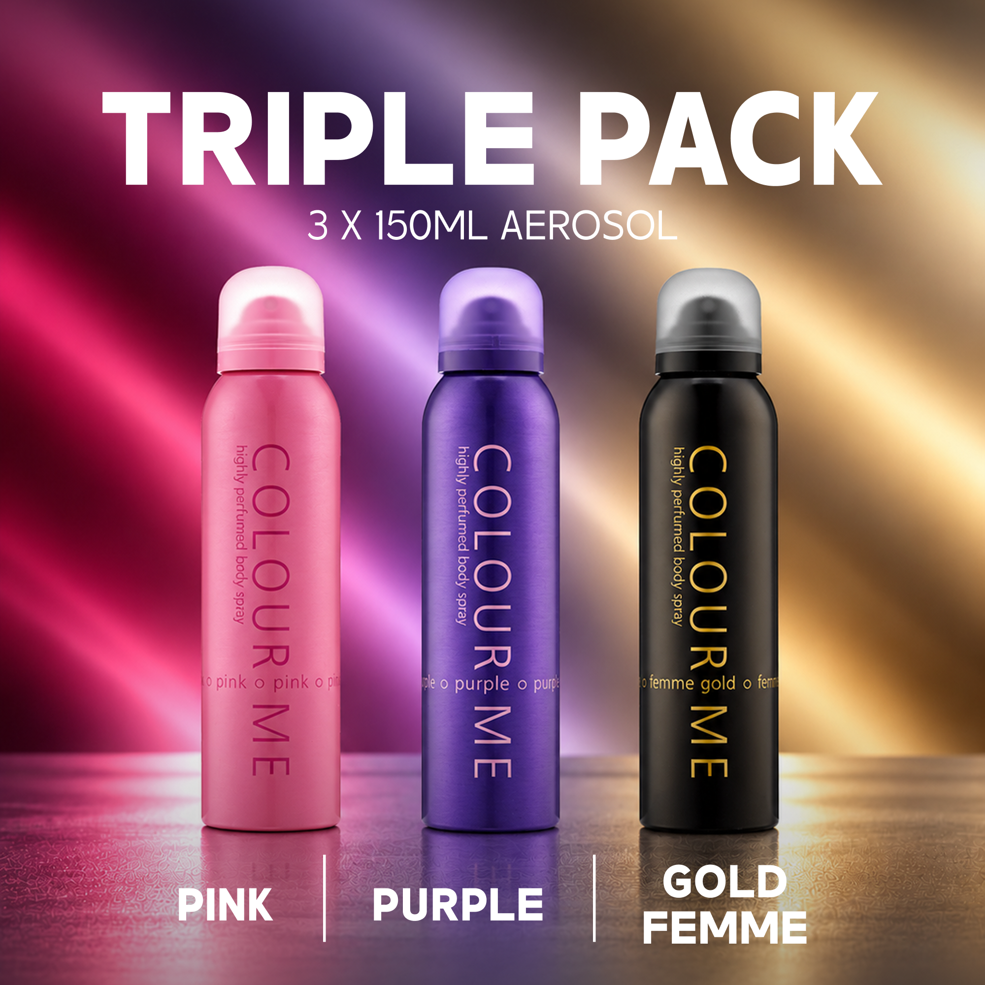 Colour Me Pink/Purple/Gold FemmeBody SprayTriple Pack3 x 150 ml